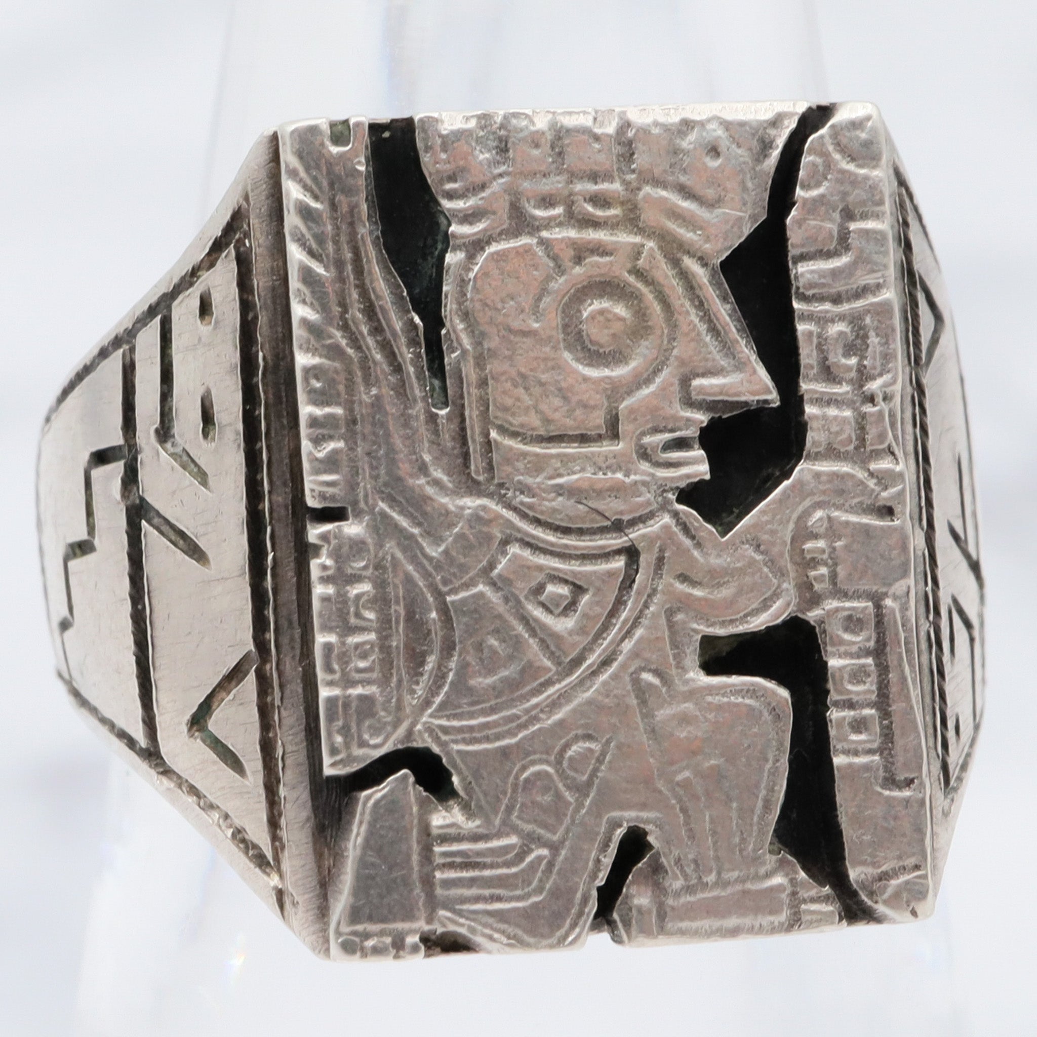 Antique Peruvian .900 silver Incan diety block ring, sz 5.25